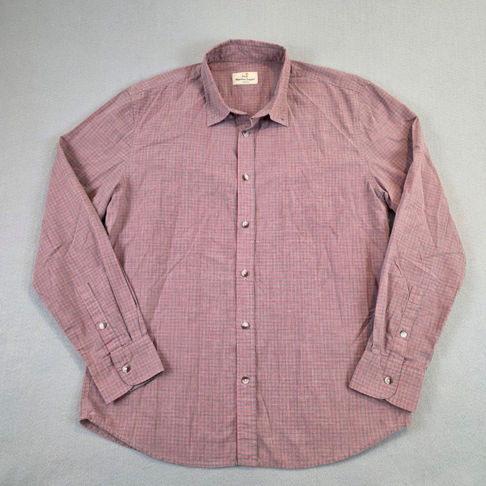 Marine Layer Red Grey Check Plaid Lightweight Long Sleeve Button Down Shirt Md